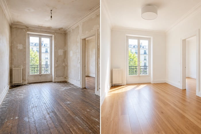 Appartement vide avant et après remise en peinture des murs et plafonds avant location