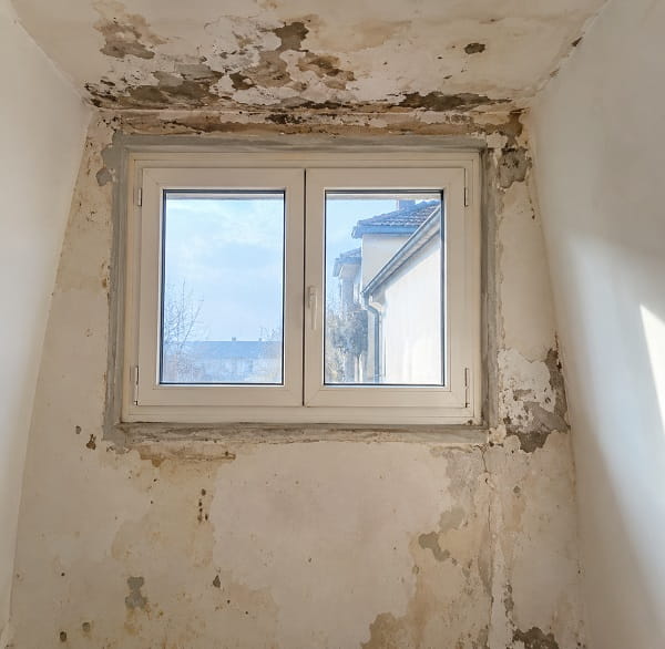 Mur sous une fenêtre avec enduits et peinture détériorés avant travaux