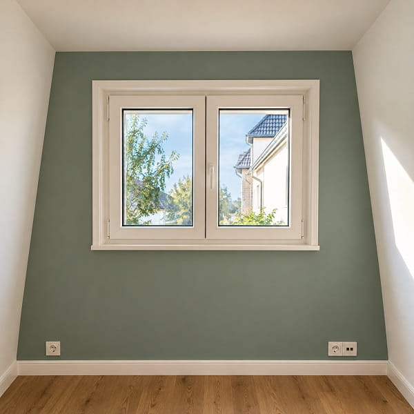 Mur rénové avec peinture verte, encadrement blanc et parquet