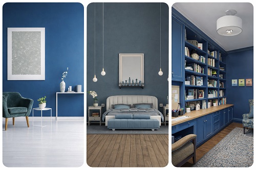 Mur bleu profond dans un salon moderne