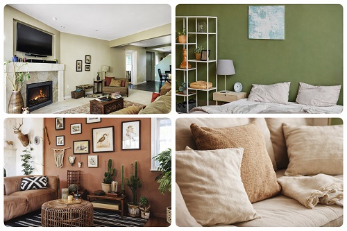 Salon moderne aux couleurs naturelles beige et vert sauge